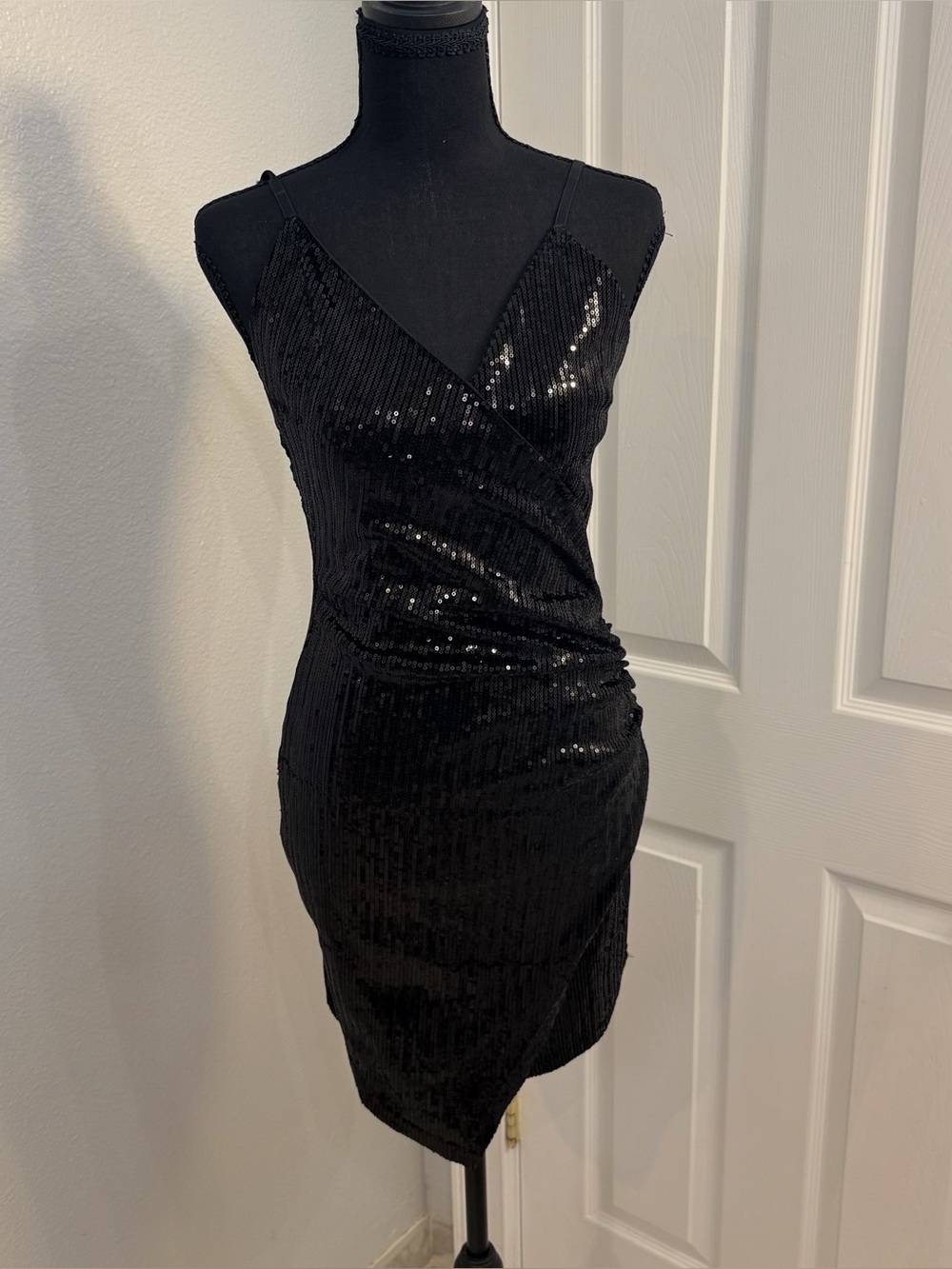 Black Sequin Wrap-Front Spaghetti Strap Mini Dress